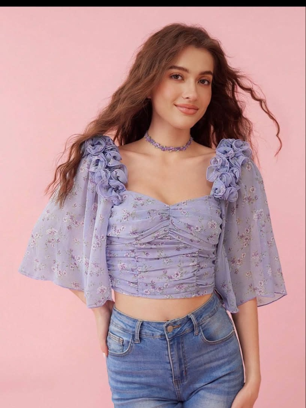 Lavender Floral Ruched Crop Top with Rosette Shoulders
